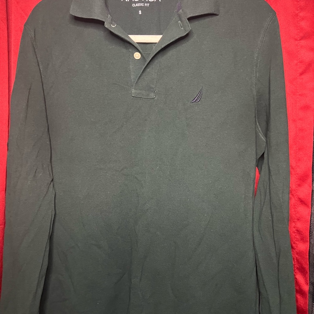 Nautica Green Long Sleeve Polo Shirt Classic Style